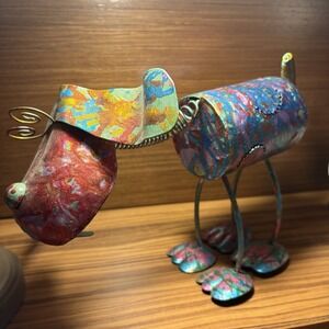 Colorful Metal Garden Statue Dog Bobble Head Welded Spring Standing